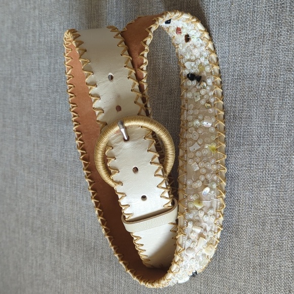 Leather Sequin Stone Embroidered Western Style Belt Cream Gold Stitching W's M - Picture 12 of 14